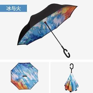 Reverse Folding Umbrella Men Women C Handle Windproof Double Layer Inverted Car