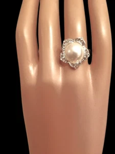 Mabe Faux Pearl Ring with Bling in Adjustable Non-Tarnish Stainless Steel Band - Picture 1 of 8