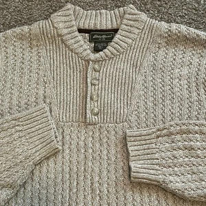 VTG Eddie Bauer Chunky Cable Knit Sweater Men’s XL Tall Cotton Henley Pullover - Picture 1 of 8