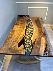 Walnut Wood Table Pebble Stone Table Epoxy Dining Table River Table Custom Live - Picture 1 of 10