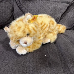 Steiff Vintage Laying Cat Naranja Tabby Looking 12” Largo Real Bonito BOTÓN IM OHR - Imagen 1 de 14