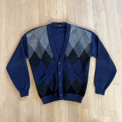 Vintage 90s Large Thick Knitted Blue & Gray  Argyle  Cardigan Sweater  Grandpa L - Image 1 of 4