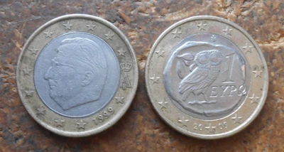 LOT OF TWO ((2) ONE EURO COINS 1999 SPAIN AND 2009 GREECE NICE COINS FREE SHIP - Image 1 of 2