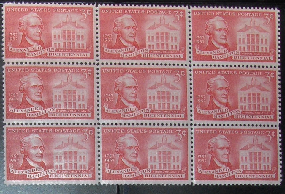 US 3¢ stamp SC #1086 Alexander Hamilton Bicentennial block of 9 MNH 1957 - Image 1 of 1