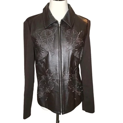 Chaqueta Peter Nygard Collection Marrón Bordado Cuero y Tejido Cremallera-Talla S Foto 1 de 4