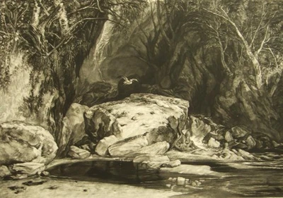Gravura mezzotint original assinada a lápis Frank Job; 'The Herons Pool' 1905 - Imagem 1 de 4