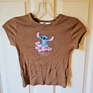 H&M Disney Girls Lilo & Stitch Short Sleeve Crew Neck Brown Ribbed Top Sz 12/14 - Picture 1 of 6