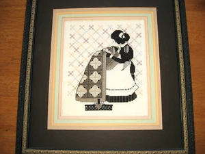 Counted Cross Stitch Completed Framed Woman Quilting Professionaly Framed 17x15 - Picture 1 of 5