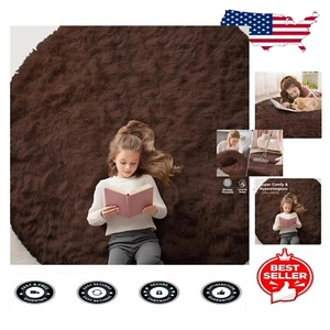 Fluffy Coffee Round Rug 7x7 - Soft, Washable Area Rug for Nursery & Living Room - Picture 1 of 8