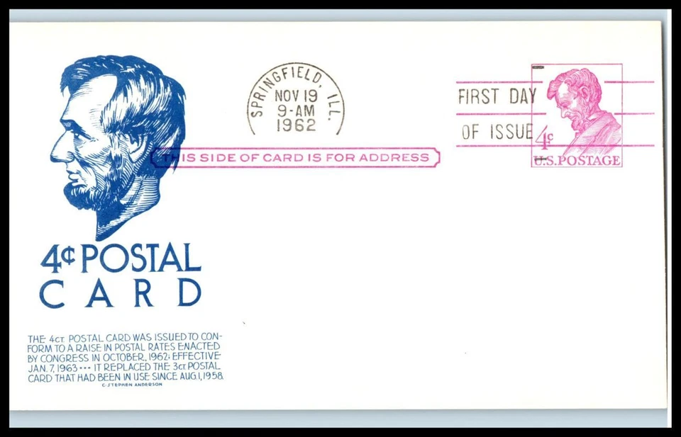 1962 Lincoln Postal Card 4c Sc UX49 FDC cachet C. Stephen Anderson (J01 - Image 1 of 1