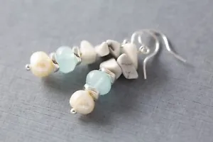 Light Blue & White Chip Bead Freshwater Pearl Earrings - Picture 1 of 3