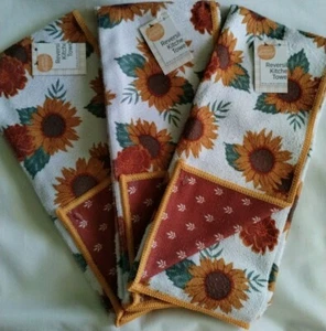 NWT 3 PERFECT FALL HARVEST REVERSIBLE KITCHEN TOWELS SUNFLOWERS DECOR 14 x 21 - Picture 1 of 3
