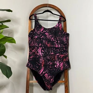 Swimsuits For All 28 Black and Pink Palm Print One Piece Bathing Suit - Picture 1 of 6