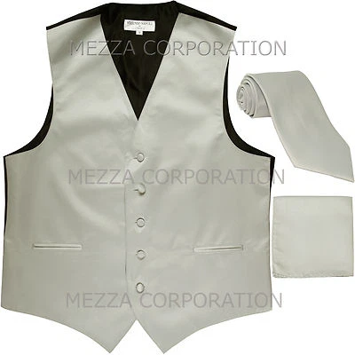 New Men's Vesuvio Napoli Tuxedo Vest Necktie Hankie set prom party formal Silver - Image 1 of 4