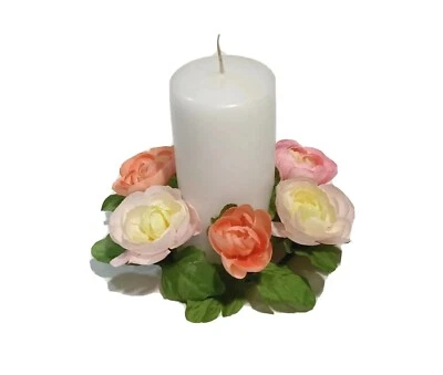 Spring Ranunculus 7" Candle Ring 4" Inside Silk Flower Pillar Taper Votive #2239 - Image 1 of 4