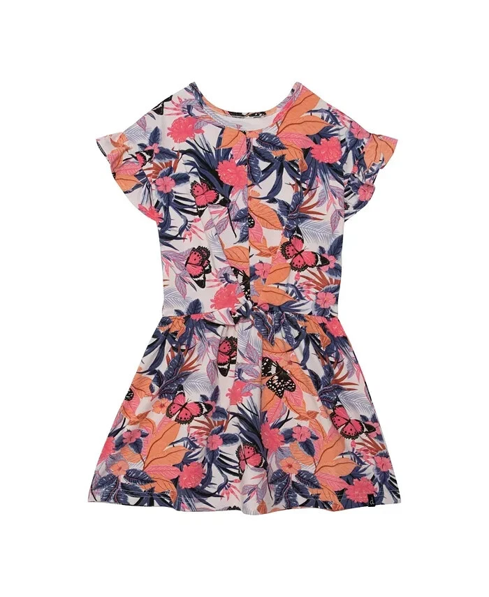 Deux Par Deux Organic Cotton  Short Sleeve Dress Flare Pink & Blue Butterfly 8 - Image 1 of 4