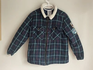 Boys Size 7 Blue Plaid Sherpa Trim Dinosaur Lumberjack Jacket So Cute! Camping - Picture 1 of 2