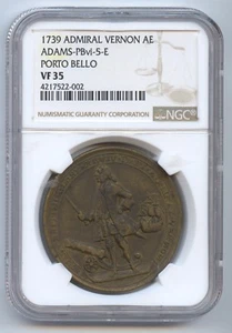 Panama 1739 Admiral Vernon Medal (#1215) Porto Bello. Adams-Pbvi-5-e. NGC VF35.  - Picture 1 of 4