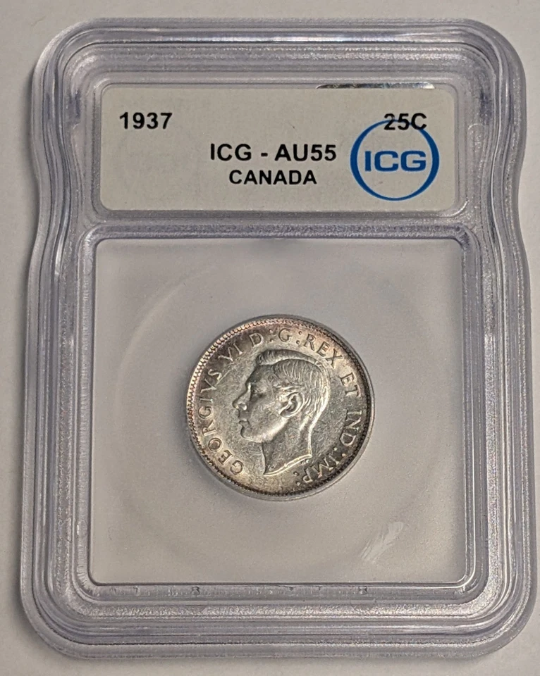 1937 Canada Silver Quarter ~ ICG AU55 ~ King George VI ~ 25c KM#35 - Image 1 of 4
