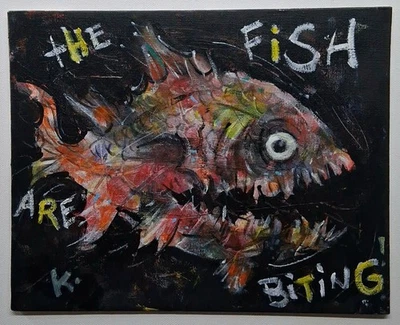 Pintura de peces arte popular original arte americano extraño único en su clase lienzo no es una impresión Foto 1 de 4