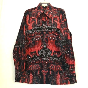 IWAN TIRTA Mens Long Sleeve Button Up Shirt Indonesian Black & Red Batik L - XL - Picture 1 of 8