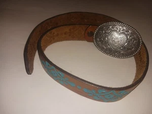 Justin Youth Tooled Leather Belt Buckle With Heart Sz 22 Western Brown And Aqua - Picture 1 of 14