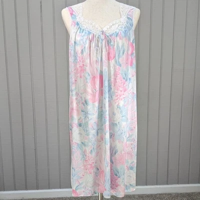 Vintage Lorraine Pastel Pink Blue Floral Lace Satin Sleeveless Nightgown Small - Image 1 of 4