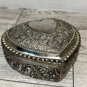 Vintage Silvertone Heart Shaped Beaded Trinket Box Purple Velvet Lined - Picture 1 of 16