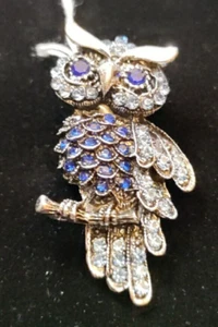 Silver Color & Blue Rhinestone Owl Brooch  1" Wide X 1.5" Long - Picture 1 of 3