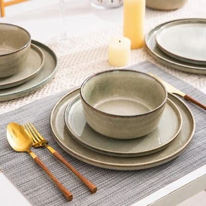 Tableware set for 4, reaction glaze ceramic plate and bowl set (12 pcs) - Picture 1 of 9