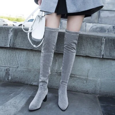 Плюс размер над колена ботинки женщин блок каблуки вкратце носок с ремешками ботинки - Изображение 1 из 4