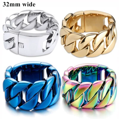 Pesado Enorme 32mm 316L Acero Inoxidable Bordillo Eslabón Cubano Pulsera Niños Hombres Cadena Foto 1 de 4