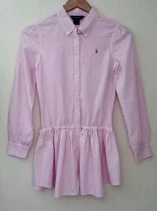 Polo Ralph Lauren Girls Oxford Shirt Dress Roll Tab Long Sleeve Striped Pink 14 - Picture 1 of 5
