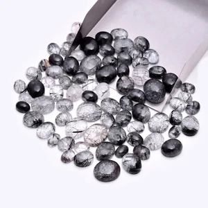 AAA++ Natural Black Rutilated Quartz Cabochons 5 Pcs Lot Loose Rutile Gemstone - Picture 1 of 6