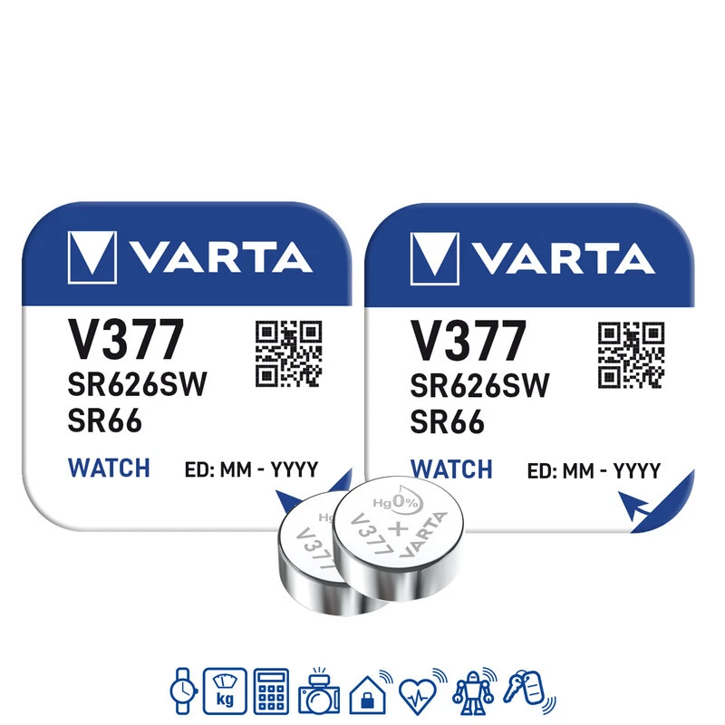 2 batterie per orologi Varta 377 Varta 1,55 V SR626SW SR66 AG4 LR626 RW 329 21mAh - Immagine 1 di 1
