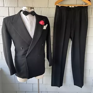 30s 40s Vintage Black Wool Kent-Style Double Breasted Mens 2pc Tuxedo Size 40 - Picture 1 of 15