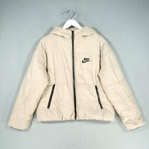 Nike Puffer Jacket Womens Beige Black Therma Fit Repel Hooded Swoosh Coat - Picture 1 of 20
