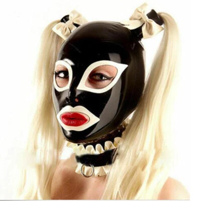 Latex Hood with Golden Wigs and Lace Collar Rubber Mask with Blond Pigtails - Image 1 of 2