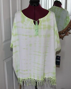 CHAPS DENIM Mint Green Tie-Dye Fringe Poncho Top Beach Cover-Up NWT Medium - Picture 1 of 6