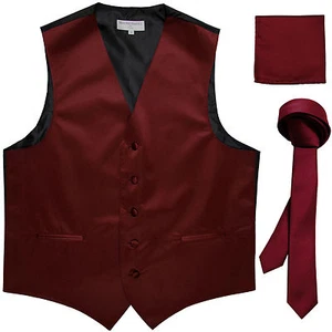 New Men's burgundy vest Tuxedo Waistcoat_1.5" necktie & hankie set wedding prom - Picture 1 of 4
