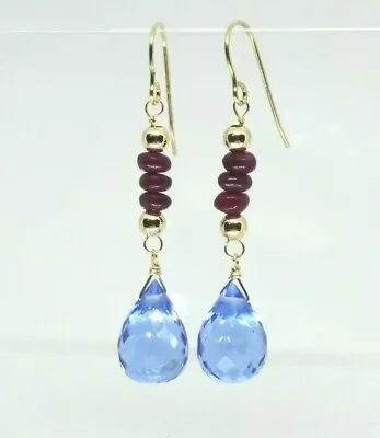 14k Yellow Gold Ruby and Swiss Blue Topaz Briolette Drop Dangle Earrings - Image 1 of 4