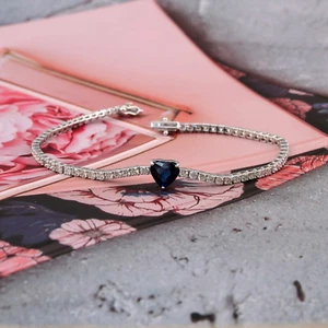 5.43 TCW Blauer Saphir Herz Si / H Diamant Tennis Armband Kette 14k Weiss Gold - Bild 1 von 12