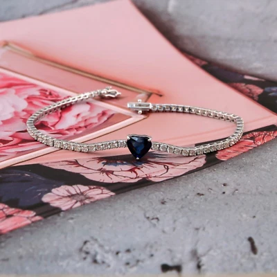 5.43 TCW Blauer Saphir Herz Si / H Diamant Tennis Armband Kette 14k Weiss Gold - Bild 1 von 4