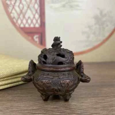 De colección Cobre China 宣德炉 Tapa Dragón Censario Mini Trípode Quemador de Incienso Ornamento Foto 1 de 4