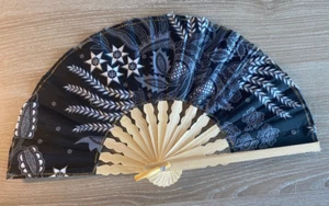 Fan Hand Bamboo Cloth Black Handmade Indonesia New Avenico Summer Fashion #205 - Picture 1 of 19