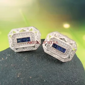Heated Blue Sapphire Gemstone with 925 Sterling Silver Cufflink #4237 - Picture 1 of 3