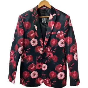 NWT EXPRESS Mens Floral Jacket Blazer SZ Slim Medium Black Red Stretch $225 Tag - Picture 1 of 12