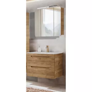 Badezimmermöbel Waschtisch und LED-Spiegelschrank Set in Wotaneiche Gäste-WC Bad - Bild 1 von 8
