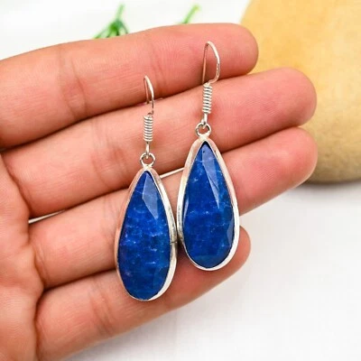 Blue Sapphire Lab-Created Gemstone Earrings 925 Sterling Silver Handmade Jewelry - Image 1 of 4