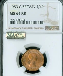 1953 GREAT BRITAIN FARTHING NGC MS64 RD MAC SPOTLESS RARE * - Picture 1 of 2